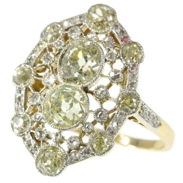 Très Belle Epoque diamond engagement ring with natural fancy color diamonds